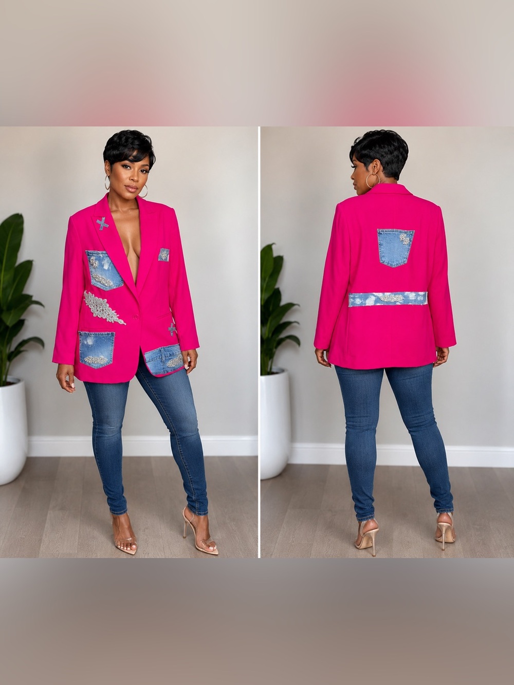 Upcycled Fuchsia Patchwork and rhinestone Blazer size L